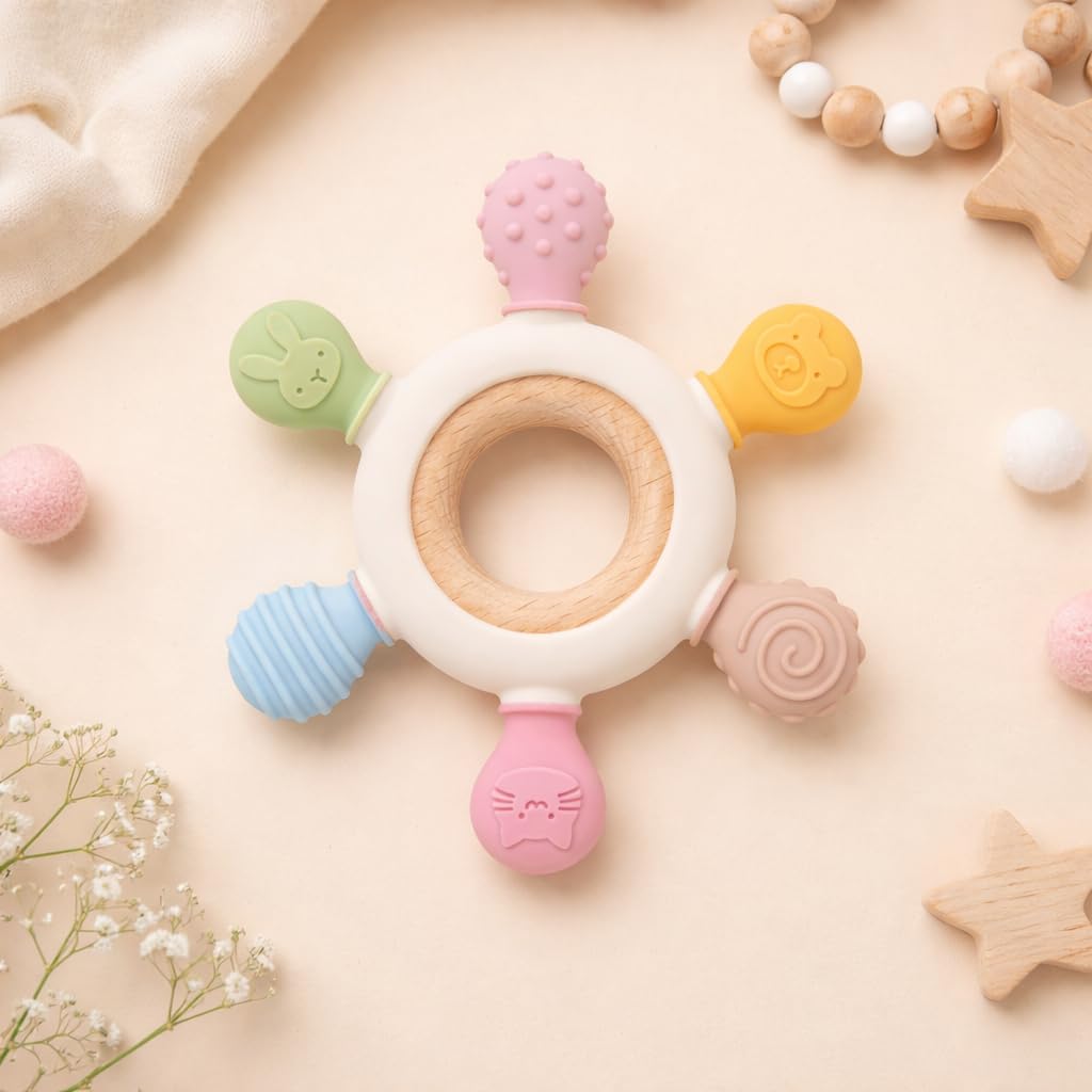 HBKOH Silicone Baby Teething Ring, Multi-Coloured Textured Sensory Toy with 6 Soothing Elements Baby Teether 6-12 Months Soft