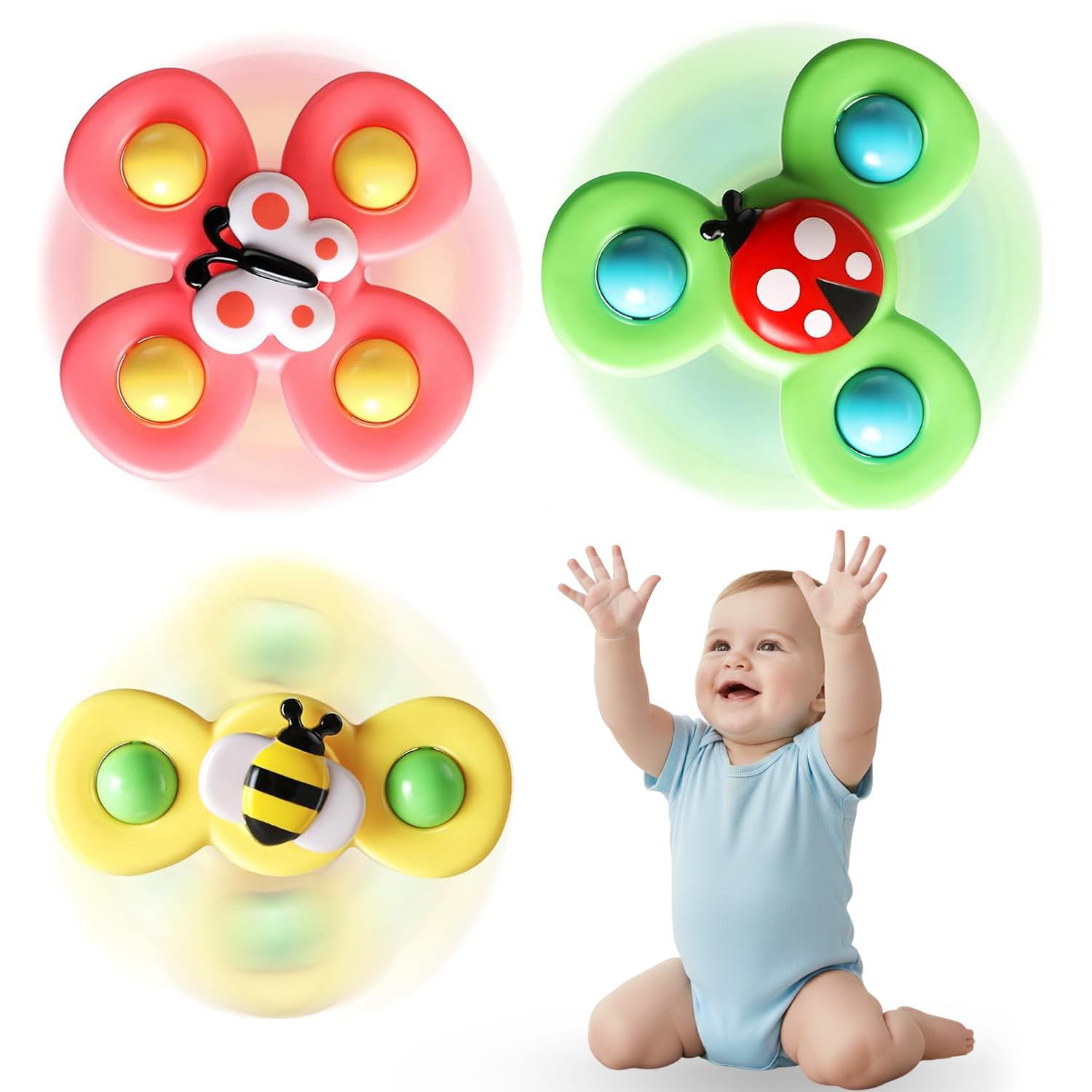 NHR Baby Spinner Toys (Set of 3) Suction Cup Spin Toy for Kids, Babies & Toddlers, Sensory Fidget Spinning Toys for Infants Bath Travel & Car Window Perfect for 6 12 18 Months