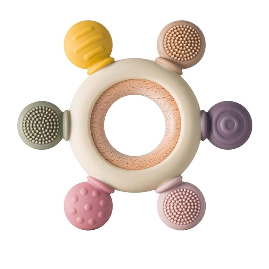 HBKOH Silicone Baby Teething Ring, Multi-Coloured Textured Sensory Toy with 6 Soothing Elements Baby Teether 6-12 Months Soft