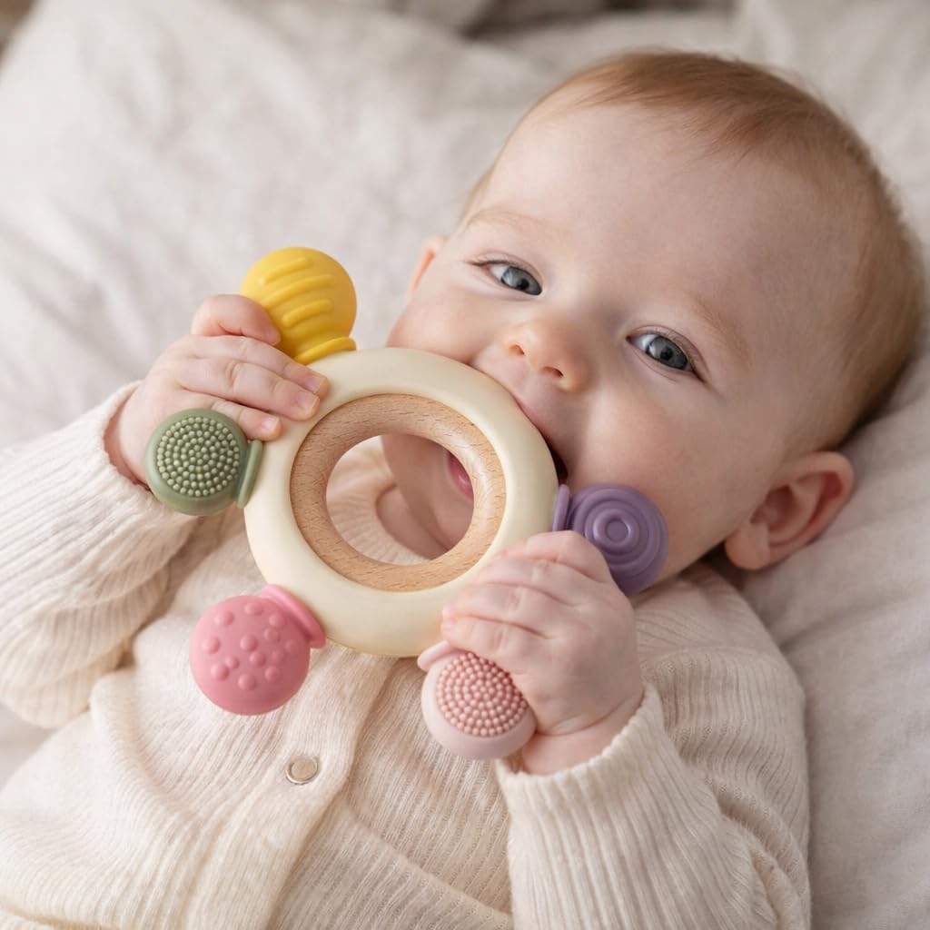 HBKOH Silicone Baby Teething Ring, Multi-Coloured Textured Sensory Toy with 6 Soothing Elements Baby Teether 6-12 Months Soft