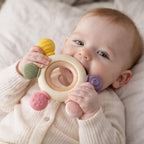 HBKOH Silicone Baby Teething Ring, Multi-Coloured Textured Sensory Toy with 6 Soothing Elements Baby Teether 6-12 Months Soft