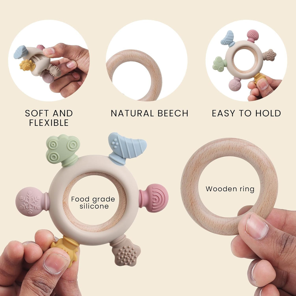 HBKOH Silicone Baby Teething Ring, Multi-Coloured Textured Sensory Toy with 6 Soothing Elements Baby Teether 6-12 Months Soft