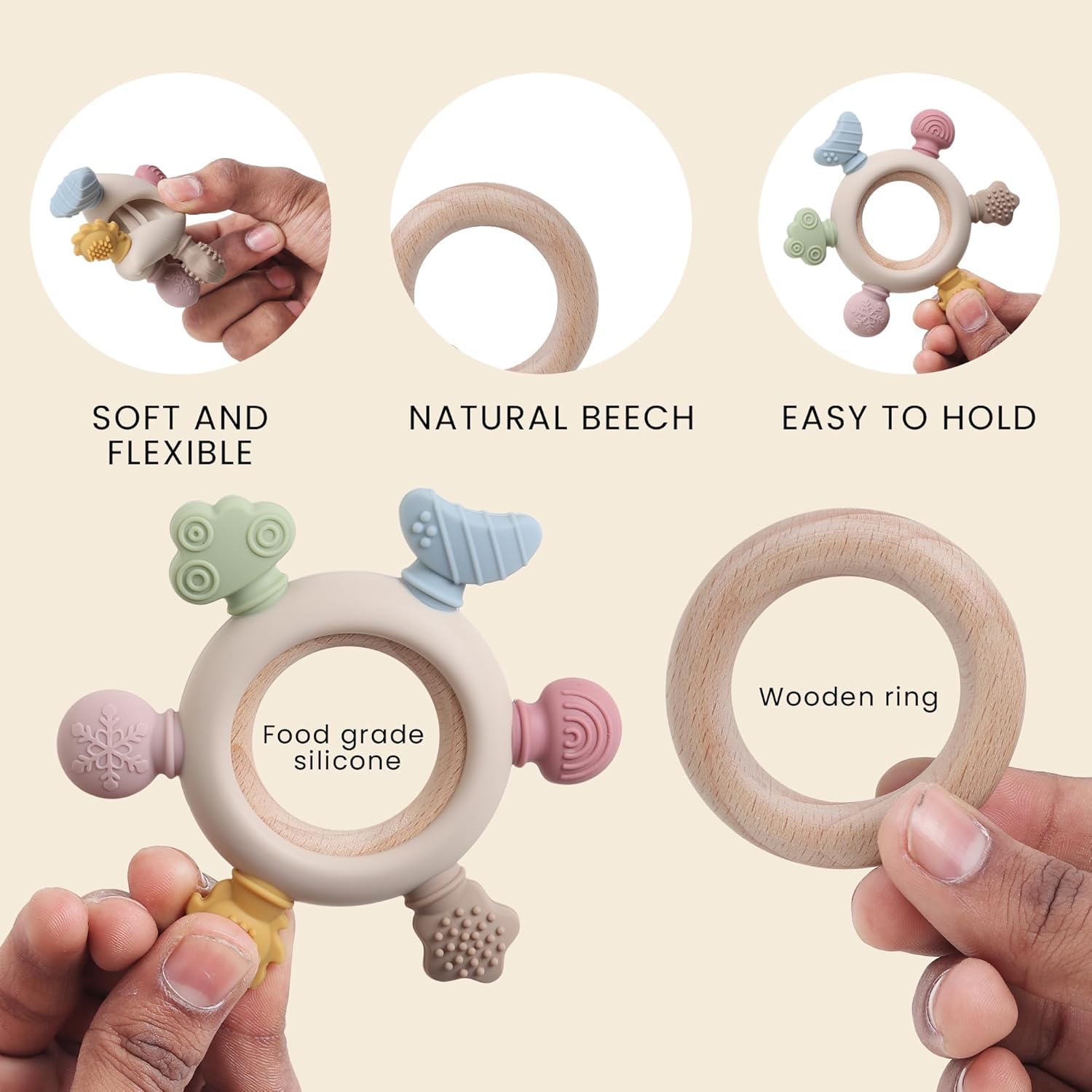 HBKOH Silicone Baby Teething Ring, Multi-Coloured Textured Sensory Toy with 6 Soothing Elements Baby Teether 6-12 Months Soft