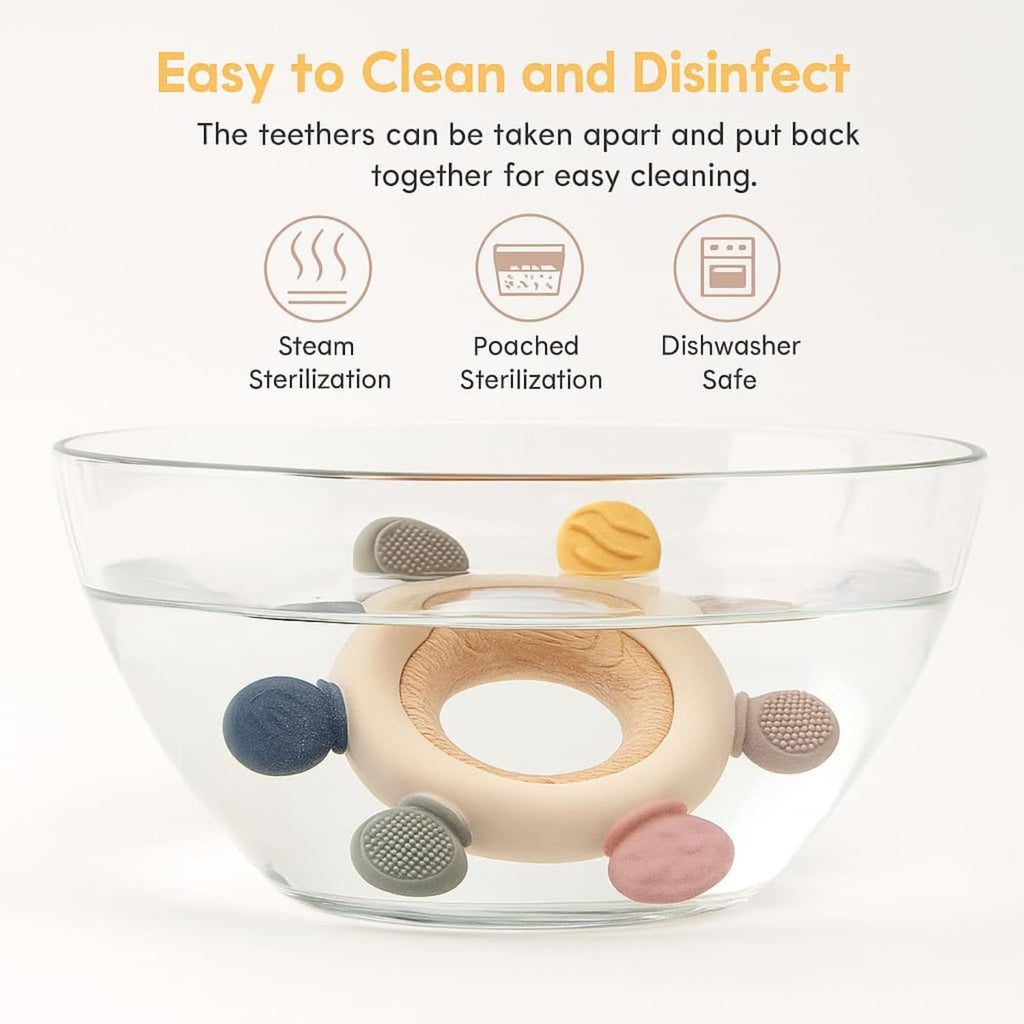 HBKOH Silicone Baby Teething Ring, Multi-Coloured Textured Sensory Toy with 6 Soothing Elements Baby Teether 6-12 Months Soft
