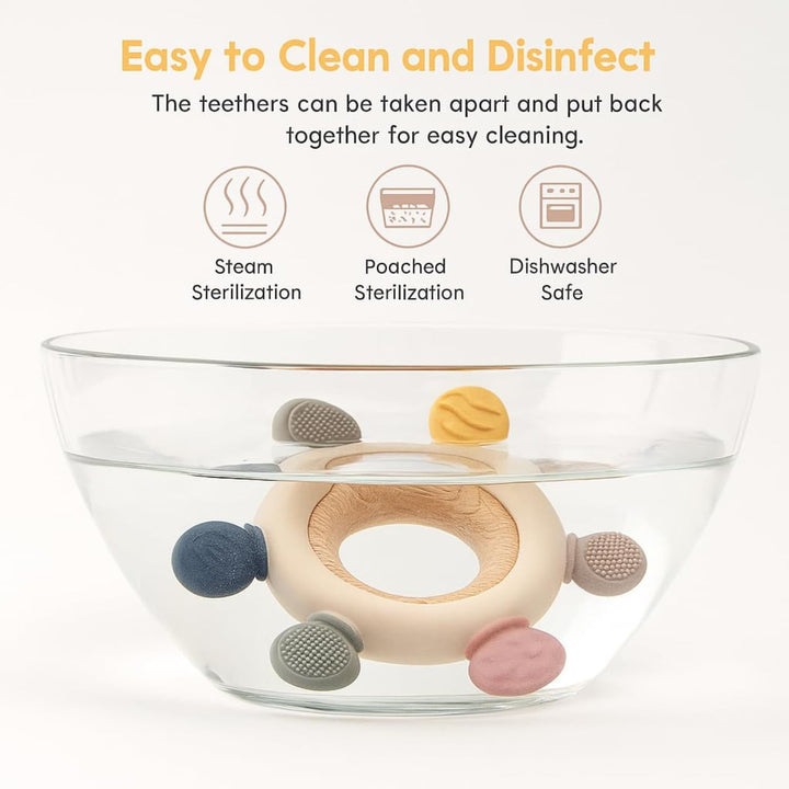 HBKOH Silicone Baby Teething Ring, Multi-Coloured Textured Sensory Toy with 6 Soothing Elements Baby Teether 6-12 Months Soft