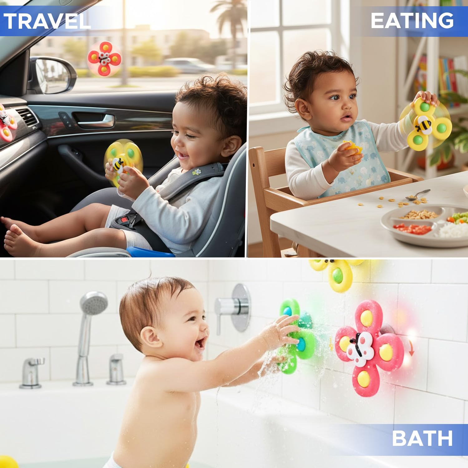 NHR Baby Spinner Toys (Set of 3) Suction Cup Spin Toy for Kids, Babies & Toddlers, Sensory Fidget Spinning Toys for Infants Bath Travel & Car Window Perfect for 6 12 18 Months