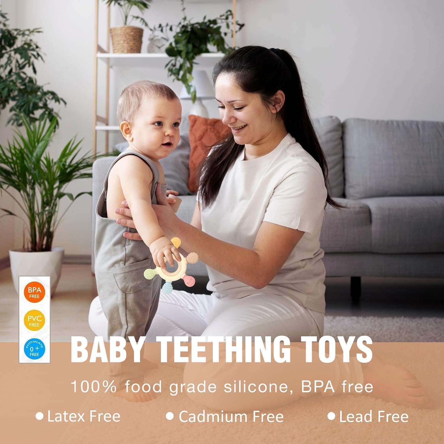 HBKOH Silicone Baby Teething Ring, Multi-Coloured Textured Sensory Toy with 6 Soothing Elements Baby Teether 6-12 Months Soft